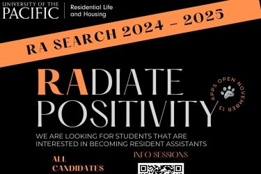apps open november 13 Radiate positivity all candidates must attend 1 RA info session Info sessions ra search 2024 - 2025 we are looking for students that are interested in becoming resident assistants For More Info email rasearch@pacific.edu or attend an info session Opens November 13th Handshake Application