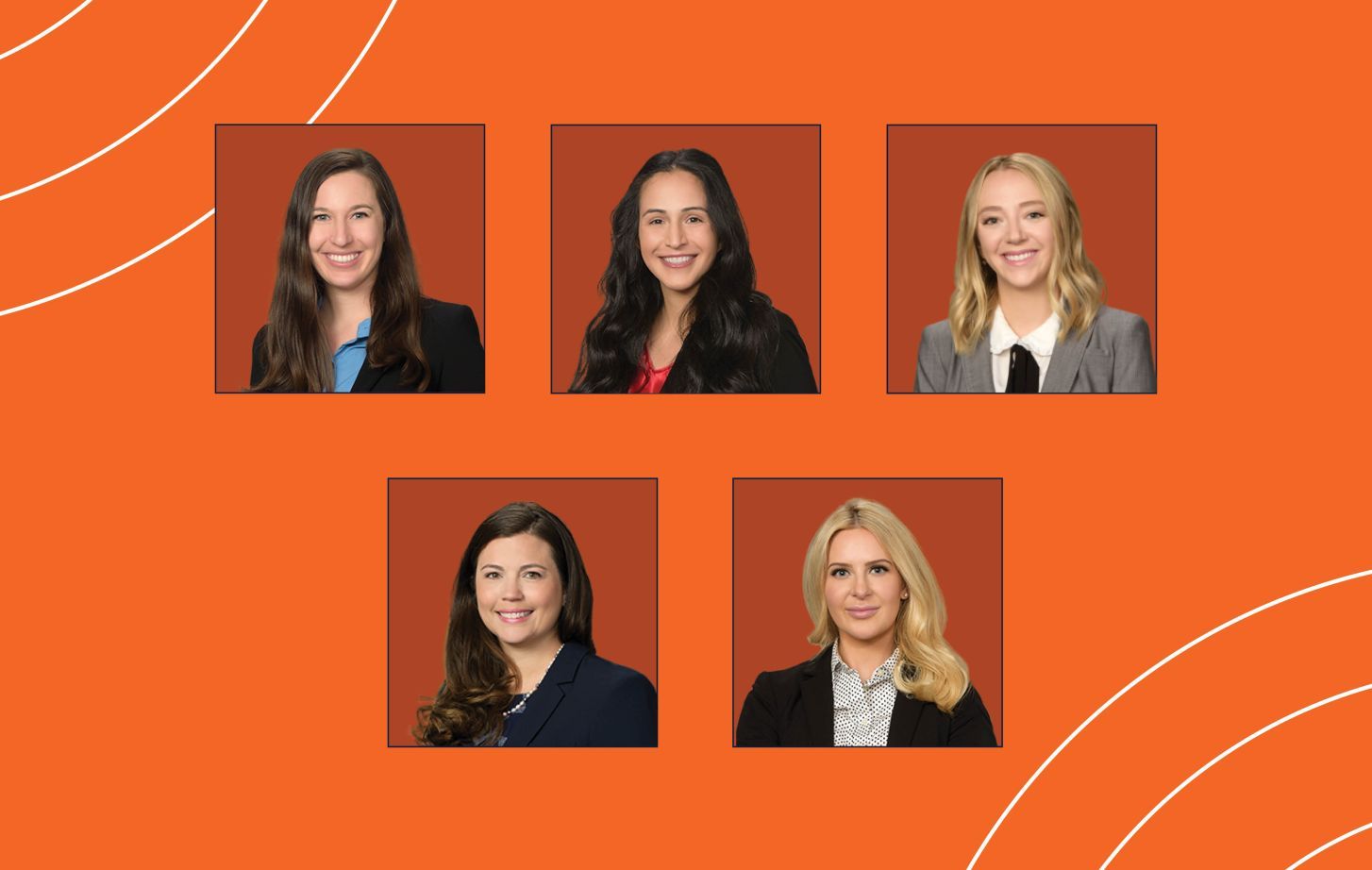 An image with five female attorneys headshots and an orange background