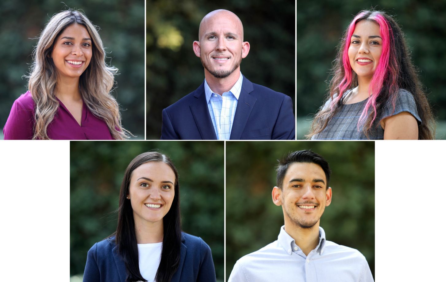 Five portraits of students in front of a green background.