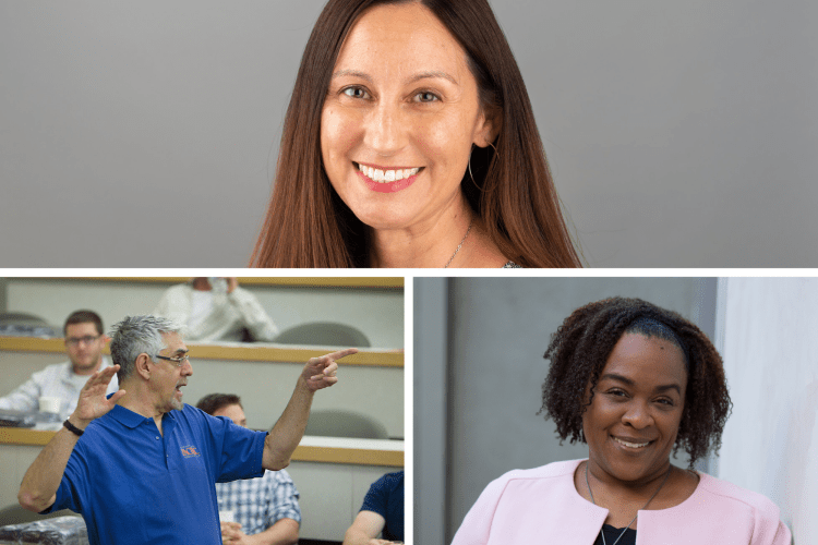 A collage of Professor Rachael Salcido (top) and Deans Larry Levine (bottom left) and Tracy Simmons (bottom right)