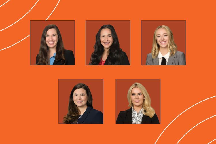 An image with five female attorneys headshots and an orange background