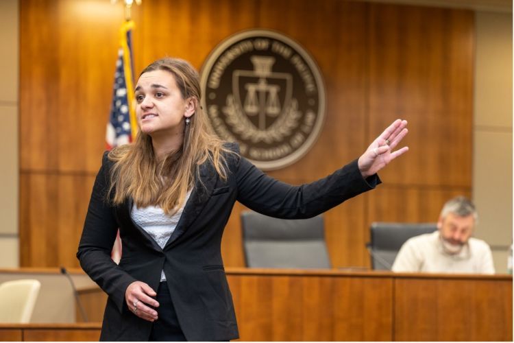 Second-year law student Devon Cable competes in the Ben Franz First-Year Mock Trial Competition in 2023.