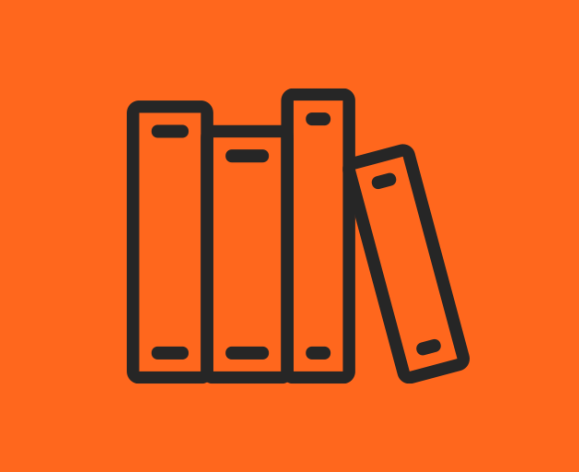 A graphic of four books leaning against each other with an orange background