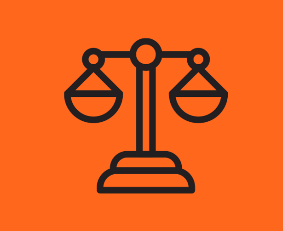 A graphic of the scales of justice with an orange background