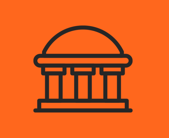 A graphic of a government building with an orange background