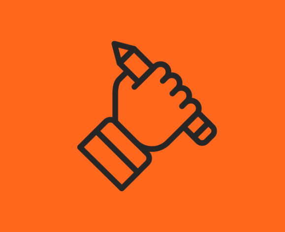 A graphic of a hand holding a pencil with an orange background