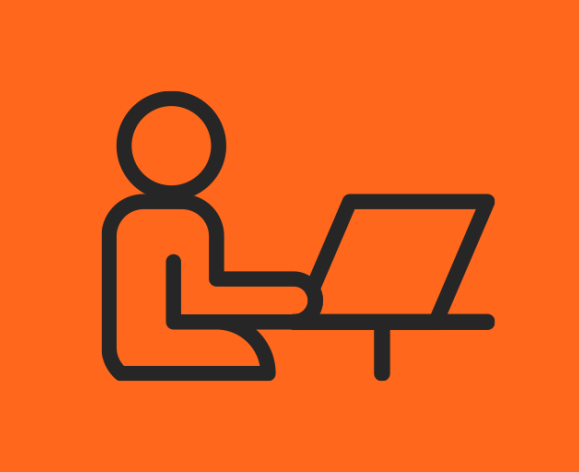 A graphic of a person typing on a laptop with an orange background