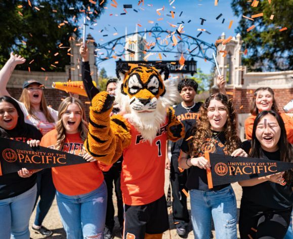 Powercat and students celebrate at University of the Pacific's 'Admitted Student Day' on campus in Stockton, CA
